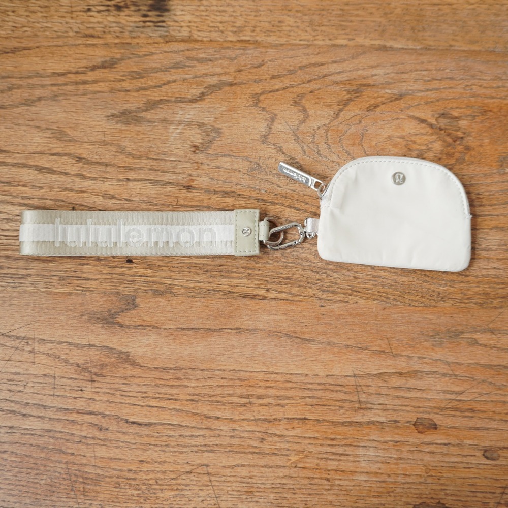Lululemon Pouch Wristlet Keychain Women Cream Logo Strap Sporty Athleisure